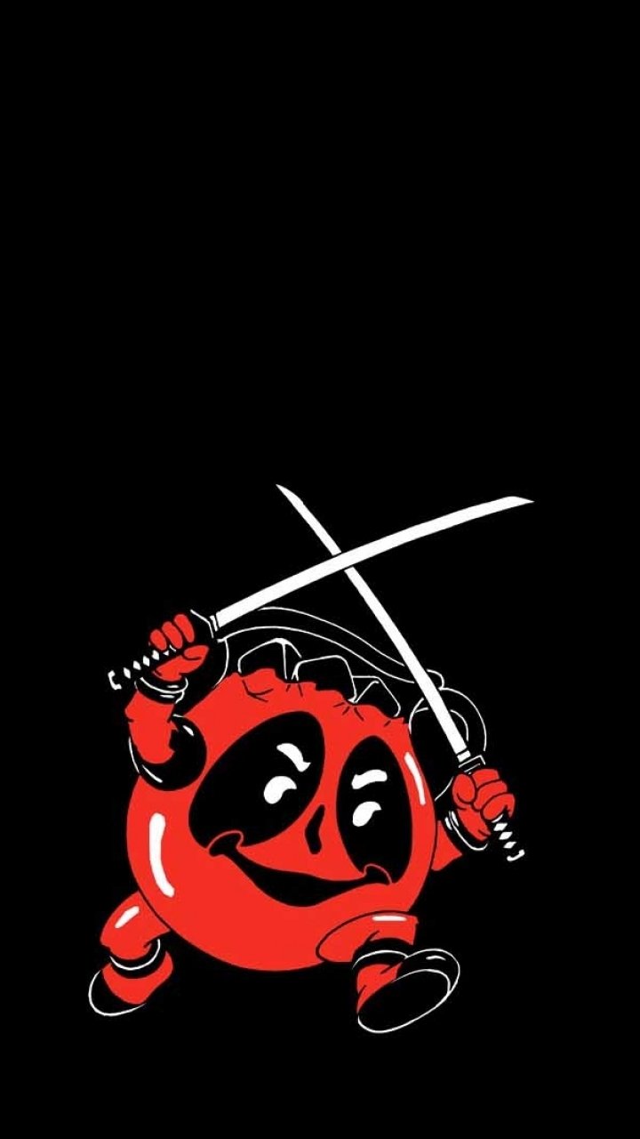 Comic-style phone wallpaper featuring a round chibi Deadpool wielding crossed katanas on a solid black background.