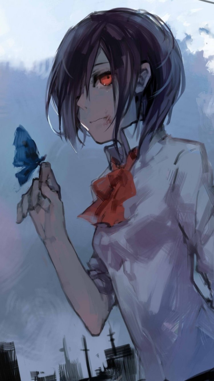 Phone wallpaper of Touka Kirishima (Tokyo Ghoul anime) holding a blue butterfly, orange eyes and school uniform against a moody city skyline; tagged Ayato Kirishima.