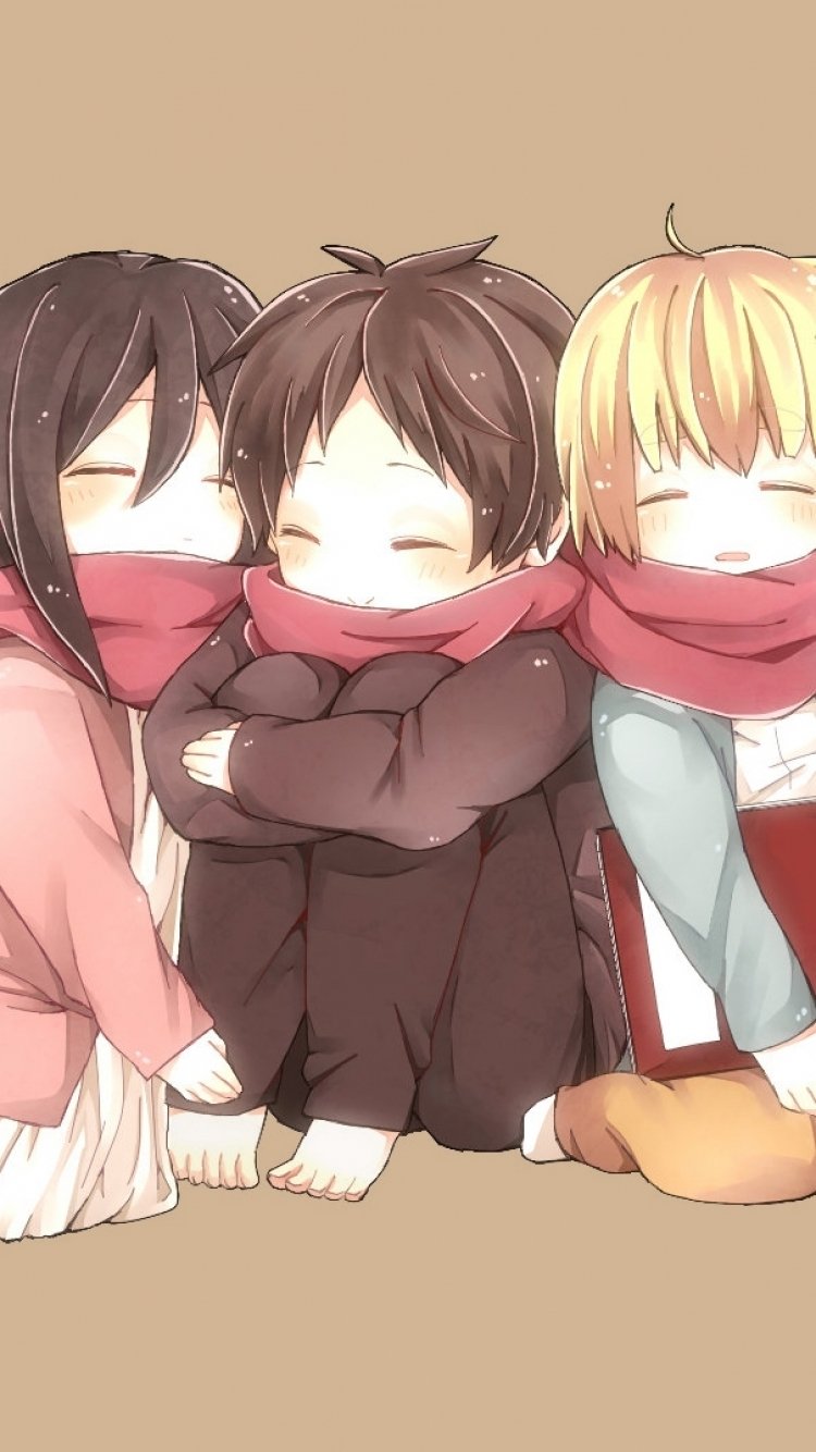 Download Attack On Titan Chibi Mikasa Ackerman Eren Yeager Armin Arlert Anime Eren & Mikasa Phone Wallpaper