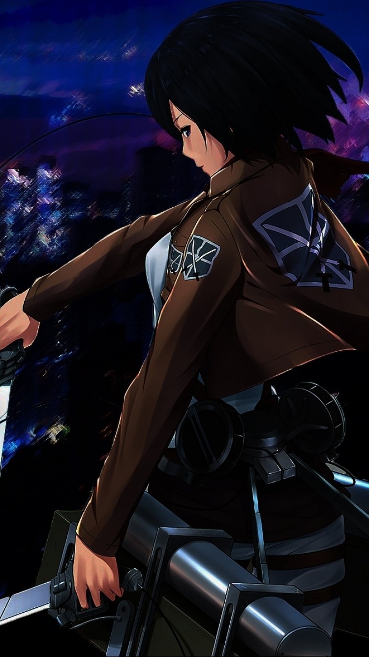 Anime-style Attack on Titan character in action pose set against a nighttime city backdrop, designed as a dynamic phone wallpaper for iPhone and Android devices.