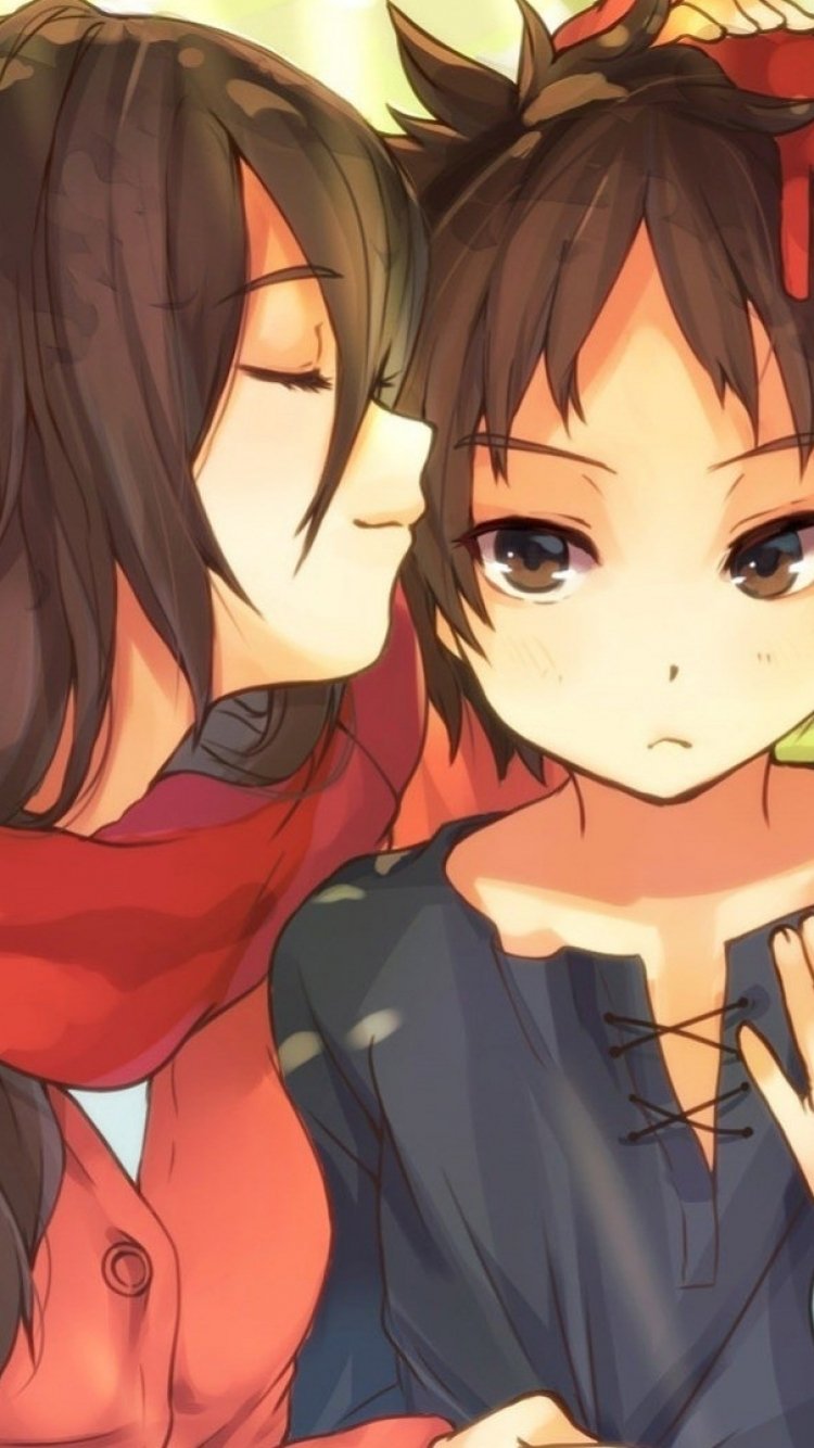 Anime-style Attack on Titan wallpaper featuring two characters, one whispering to the other, designed for display on iPhone and Android phones.