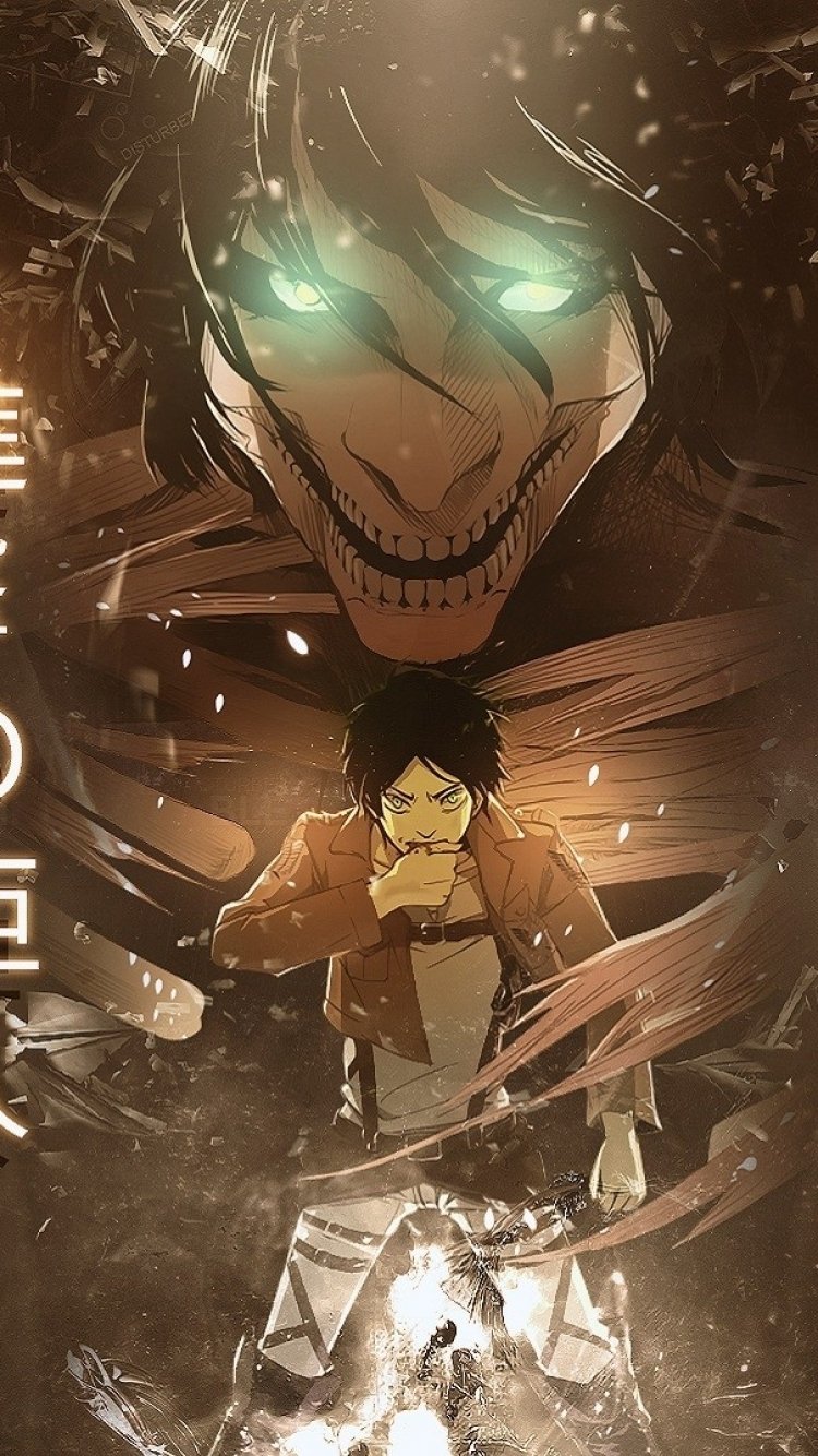 Anime phone wallpaper of Eren Yeager from Attack on Titan: Eren in his Survey Corps jacket braces forward as his glowing-eyed Titan grimaces behind him amid flying debris.