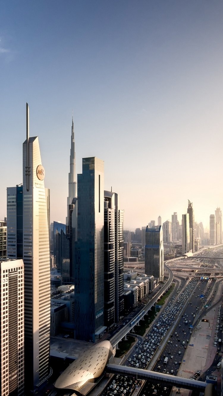 Download United Arab Emirates Sheikh Zayed Avenue Monorail Traffic Cityscape Megapolis Skyscraper Rose Tower Man Made Dubai Phone Wallpaper