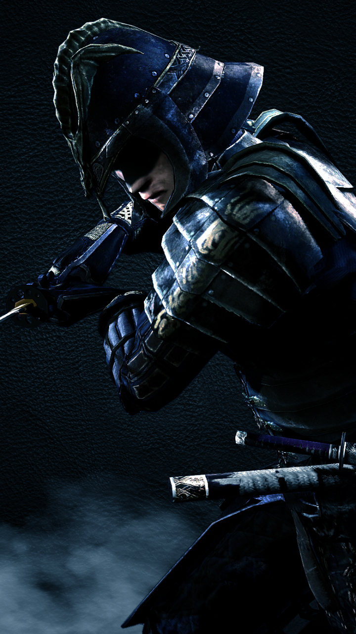 A fantasy samurai warrior in dark armor wields a sword against a black background, designed as a dynamic phone wallpaper for iPhones and Android devices.