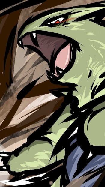 Roaring Tyranitar (Pokémon) in bold video game–style brushstrokes, vibrant action pose; phone wallpaper for iPhone and Android.