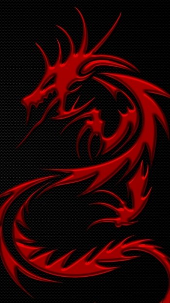 Phone wallpaper showing a stylized red fantasy dragon in tribal curves against a textured black background.