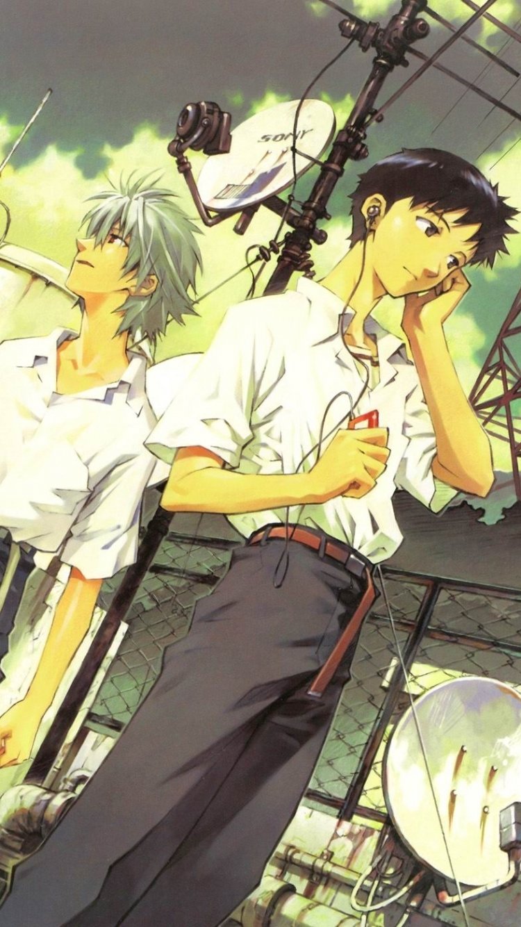 Anime phone wallpaper — Neon Genesis Evangelion: Shinji Ikari and Kaworu Nagisa standing on a rooftop among satellite dishes beneath a moody green sky.