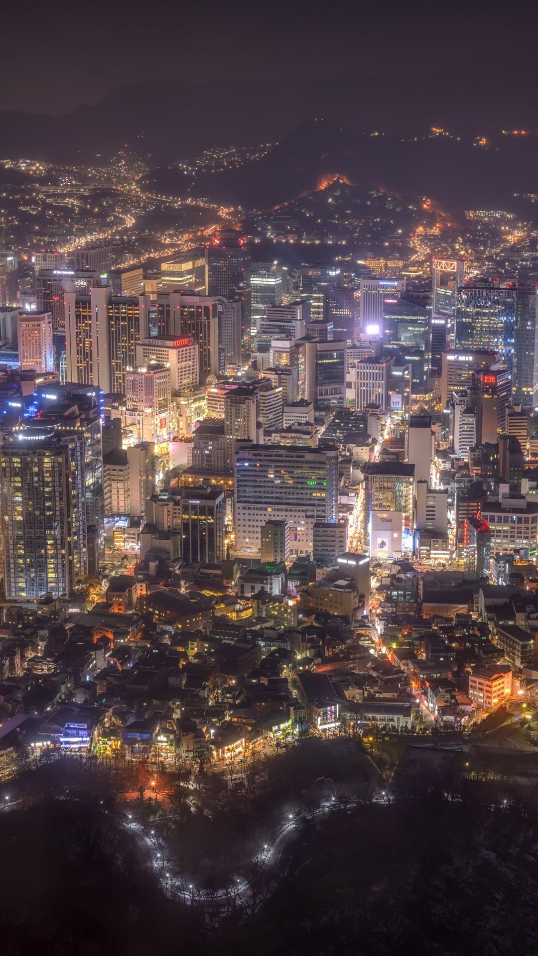 Phone wallpaper: Seoul at night — Korea's glowing megapolis and man-made cityscape of dense high-rises, lit streets, and winding urban valleys.