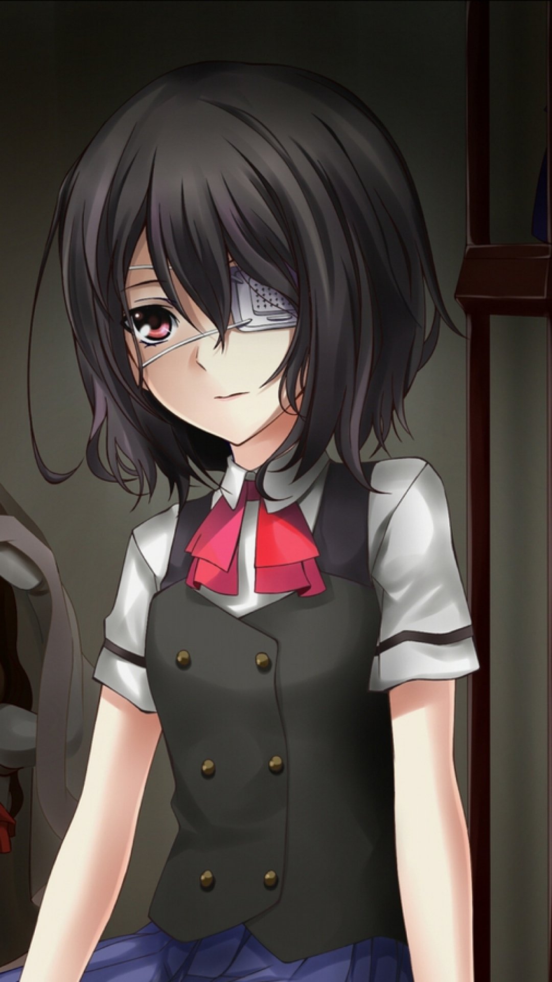 Phone wallpaper of an anime girl from Another: dark bob haircut, eye patch, school uniform with red ribbon and vest, somber expression against a dim, eerie background.