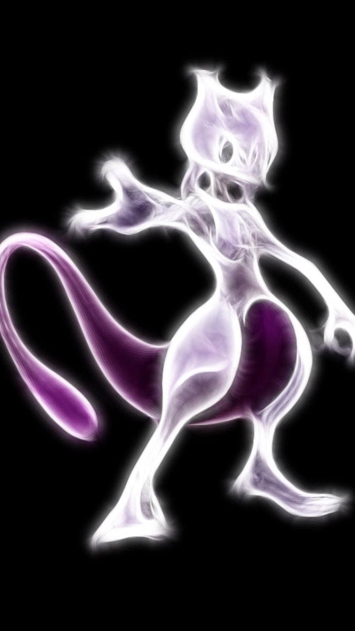 Glowing neon Mewtwo, Pokémon video game artwork: purple tail and aura on a black background, vertical phone wallpaper.