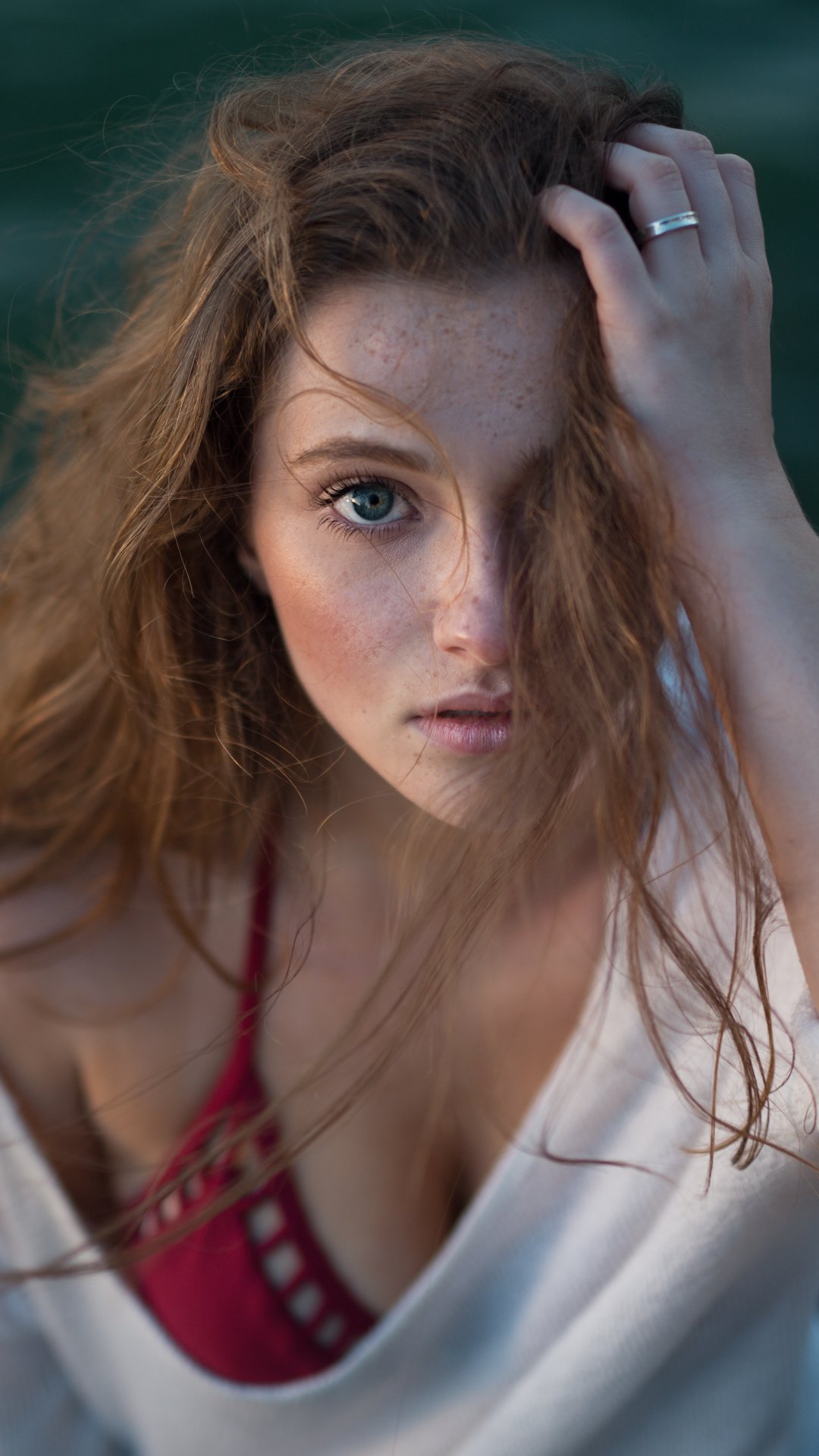 Download Blue Eyes Brunette Freckles Woman Model Phone Wallpaper