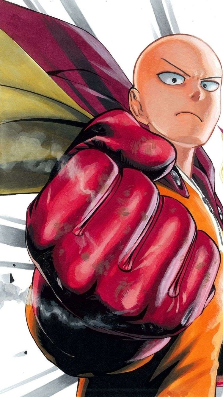 Phone wallpaper of Saitama from One-Punch Man anime, featuring a dynamic close-up of his fist with his iconic yellow suit and red gloves on a clean white background.