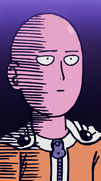 Phone wallpaper of Saitama (One-Punch Man): close-up of his bald, deadpan face, orange hero suit and white cape set against a purple gradient background.