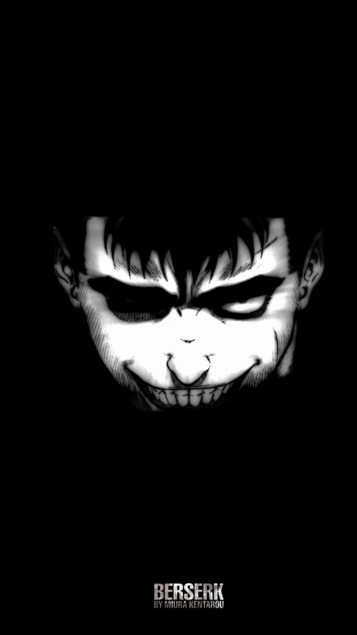 Dark, intense close-up of Guts from the anime Berserk, designed as a striking phone wallpaper compatible with both iPhone and Android devices.