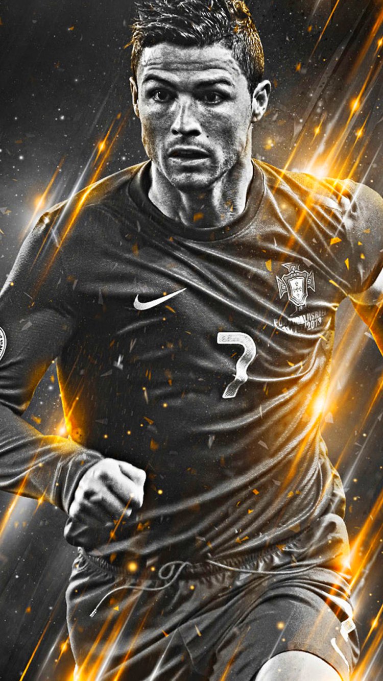 Phone wallpaper featuring Cristiano Ronaldo in action, highlighted with dynamic orange light streaks, designed for both iPhones and Android devices.