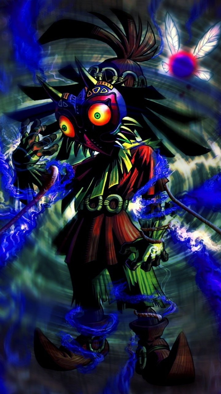 Phone wallpaper featuring Majora's Mask from the video game The Legend of Zelda: a menacing skull-faced character wearing the mask, glowing eyes and swirling blue energy around him.