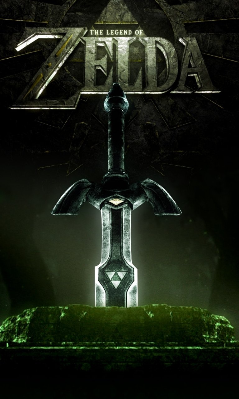 Phone wallpaper of the video game The Legend of Zelda: the Master Sword rising from a mossy pedestal beneath the game's logo, set against a dark, green-lit atmospheric background.