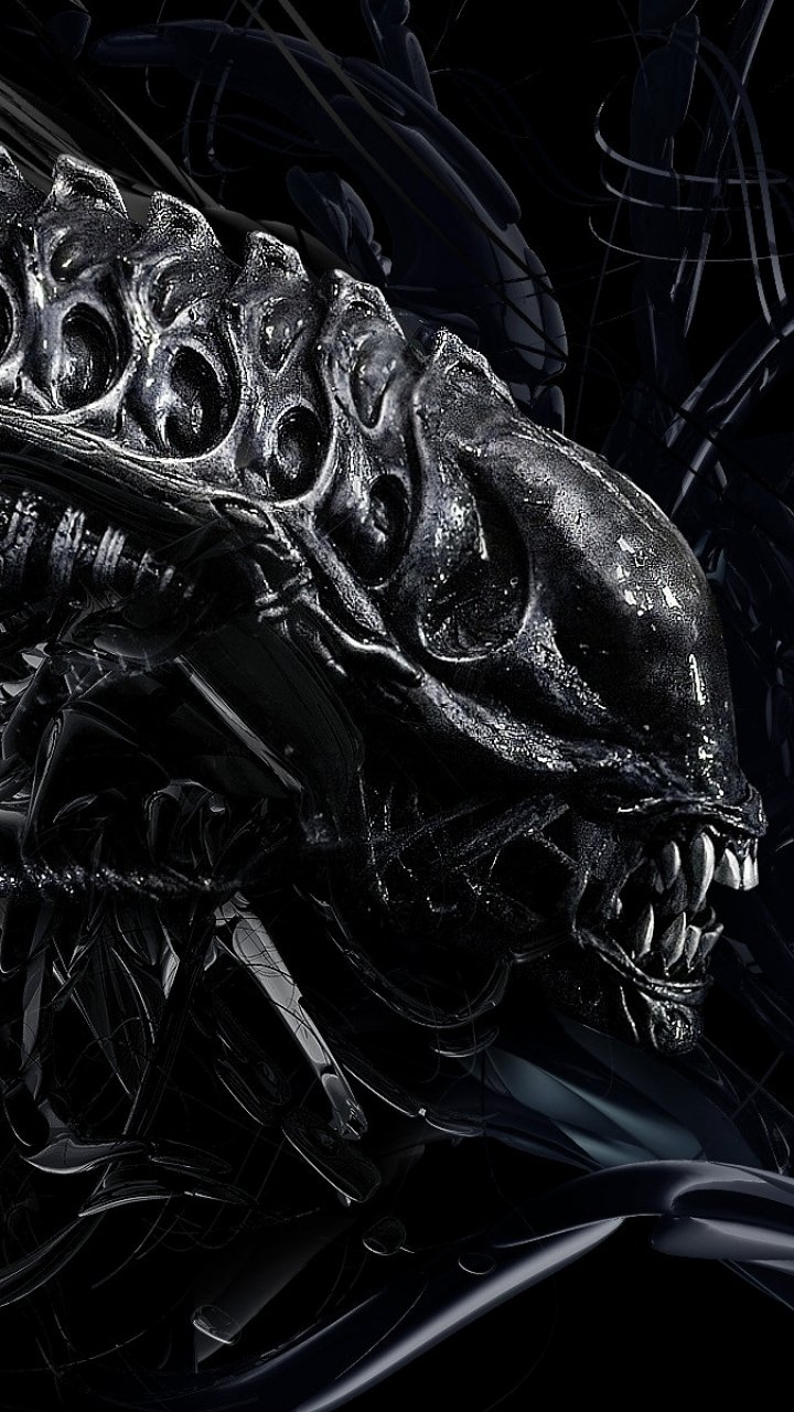 Sci Fi phone wallpaper showing a glossy biomechanical alien head with elongated skull, exposed teeth and sinewy tubes against a shadowy black background.