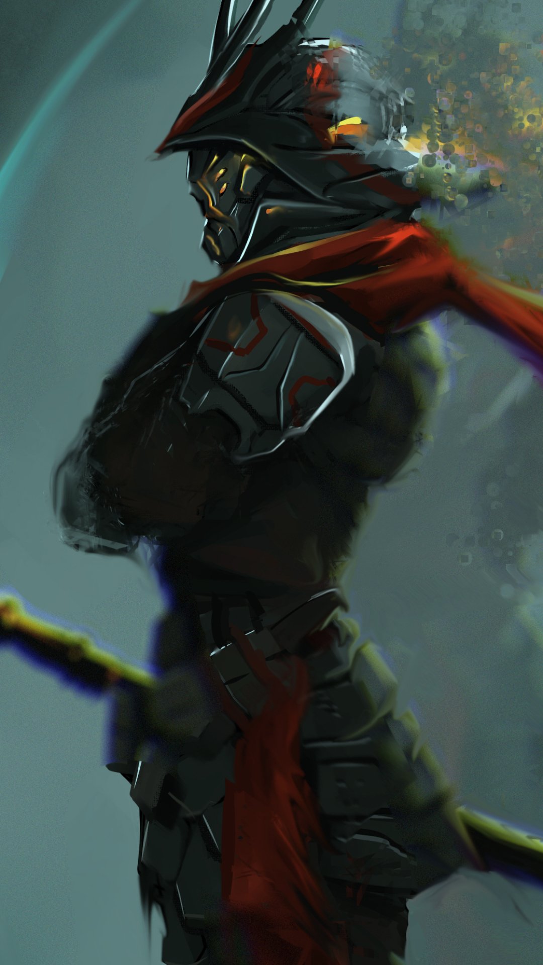 Fantasy-themed samurai in dark armor with a glowing red scarf, set against a smoky background, designed as a dynamic phone wallpaper for iPhones and Android devices.