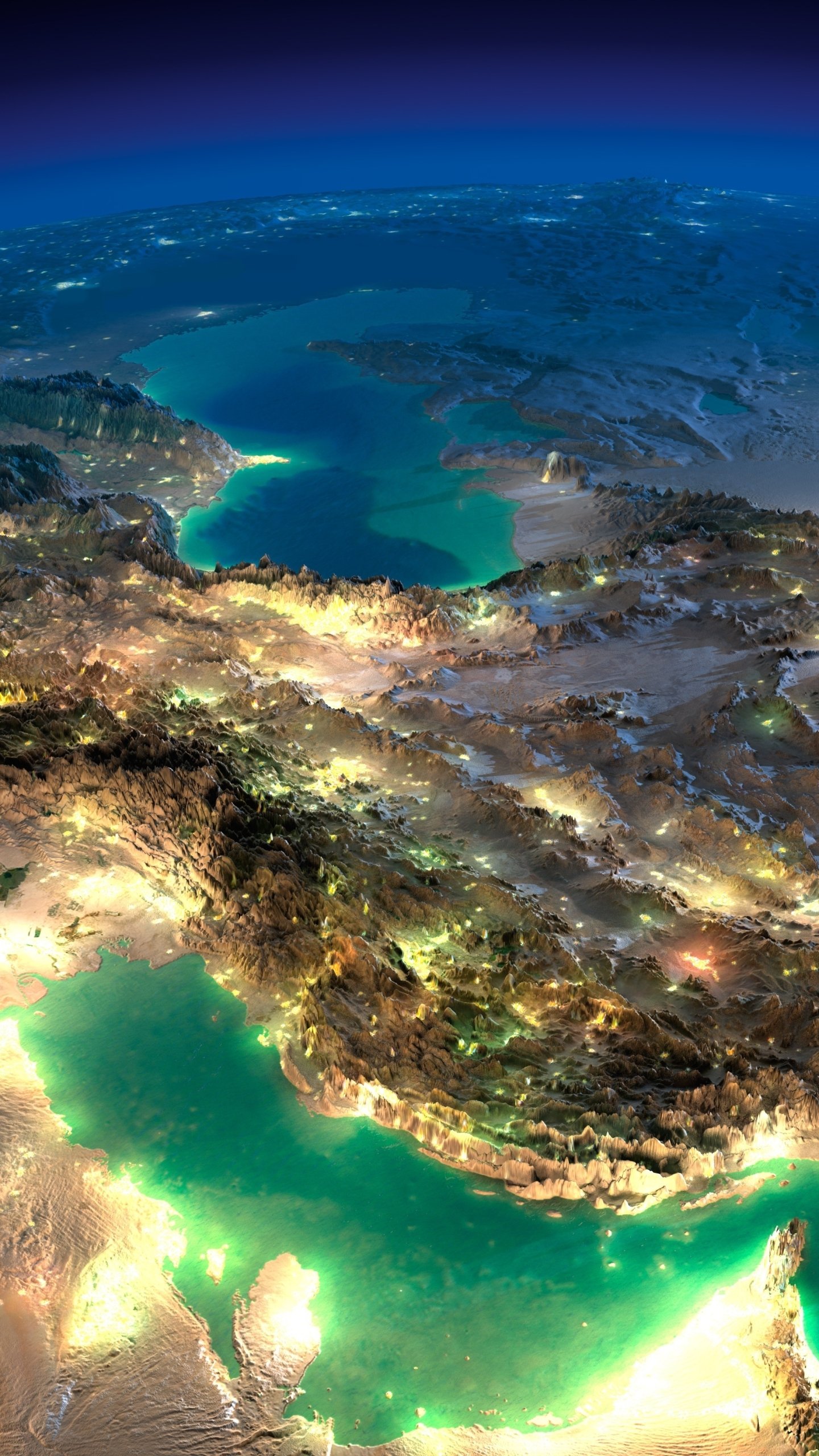 Earth from space showcasing the Caspian Sea, Persian Gulf, Caucasus mountains, and surrounding regions of Iraq, Iran, and Arabia with glowing city lights at night.