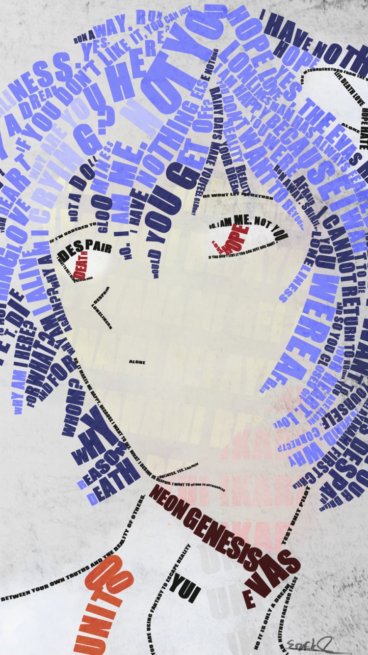 Anime — Neon Genesis Evangelion phone wallpaper: typographic portrait of Rei Ayanami with blue hair and red eyes, her face and hair formed from varying words and letters.