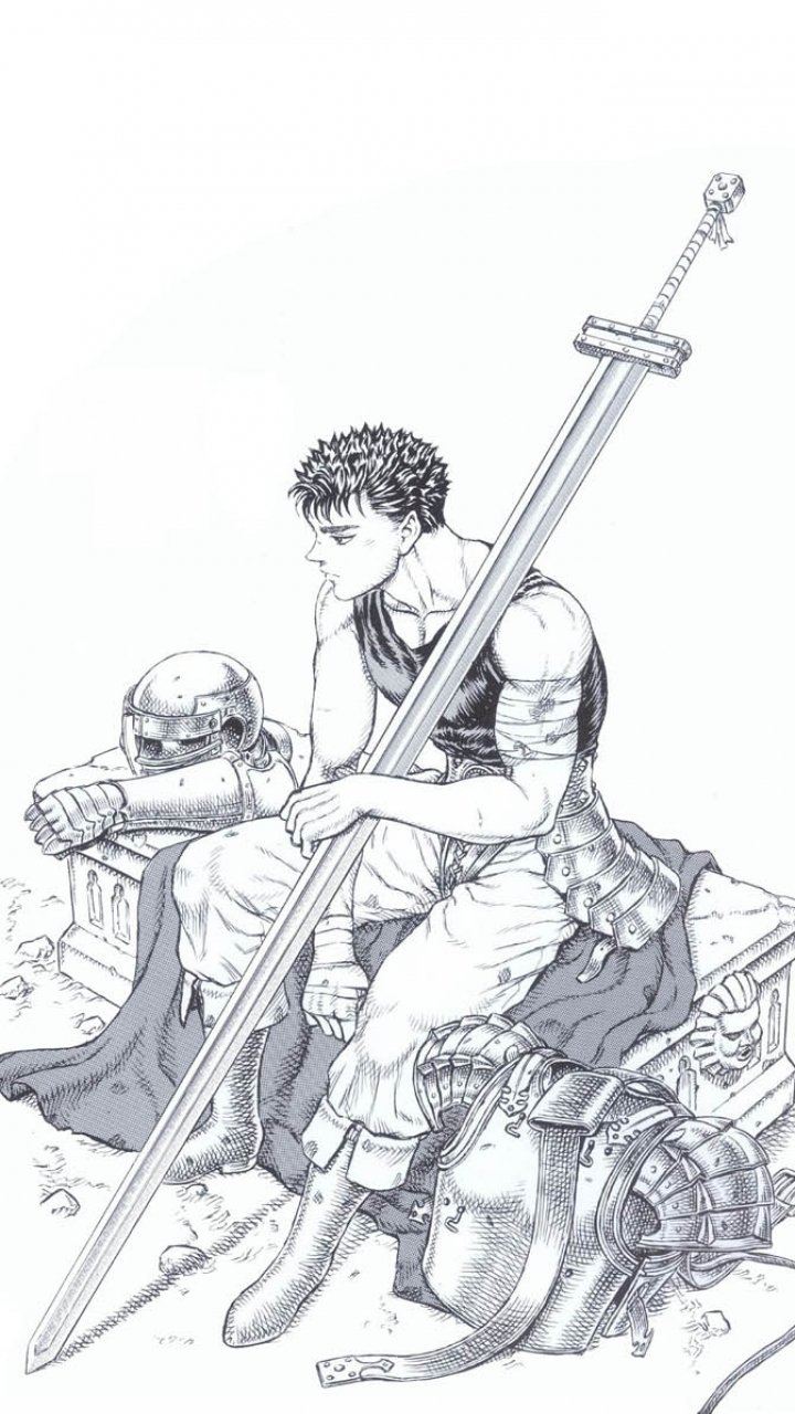 Monochrome phone wallpaper of Guts (Berserk) seated amid armor and rubble, gripping his massive sword in detailed anime-style line art.