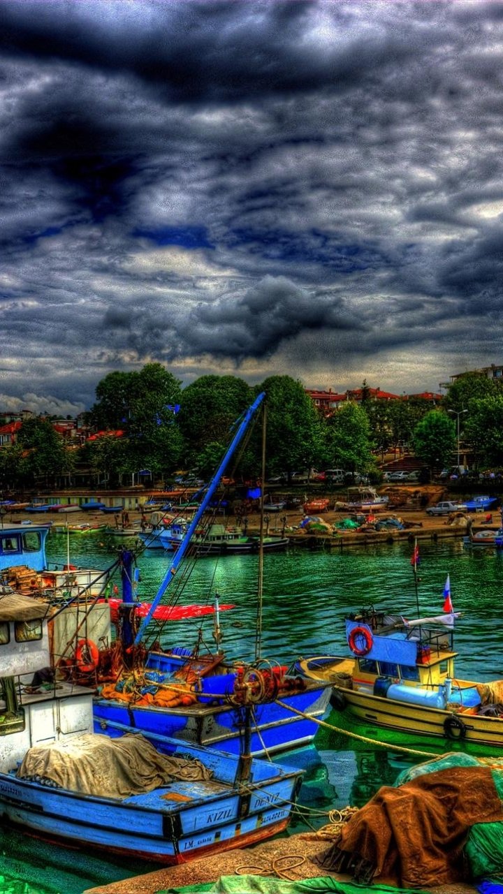 Download Tree Cloud Boat Marina Town Turkey Harbor Photography HDR Phone Wallpaper