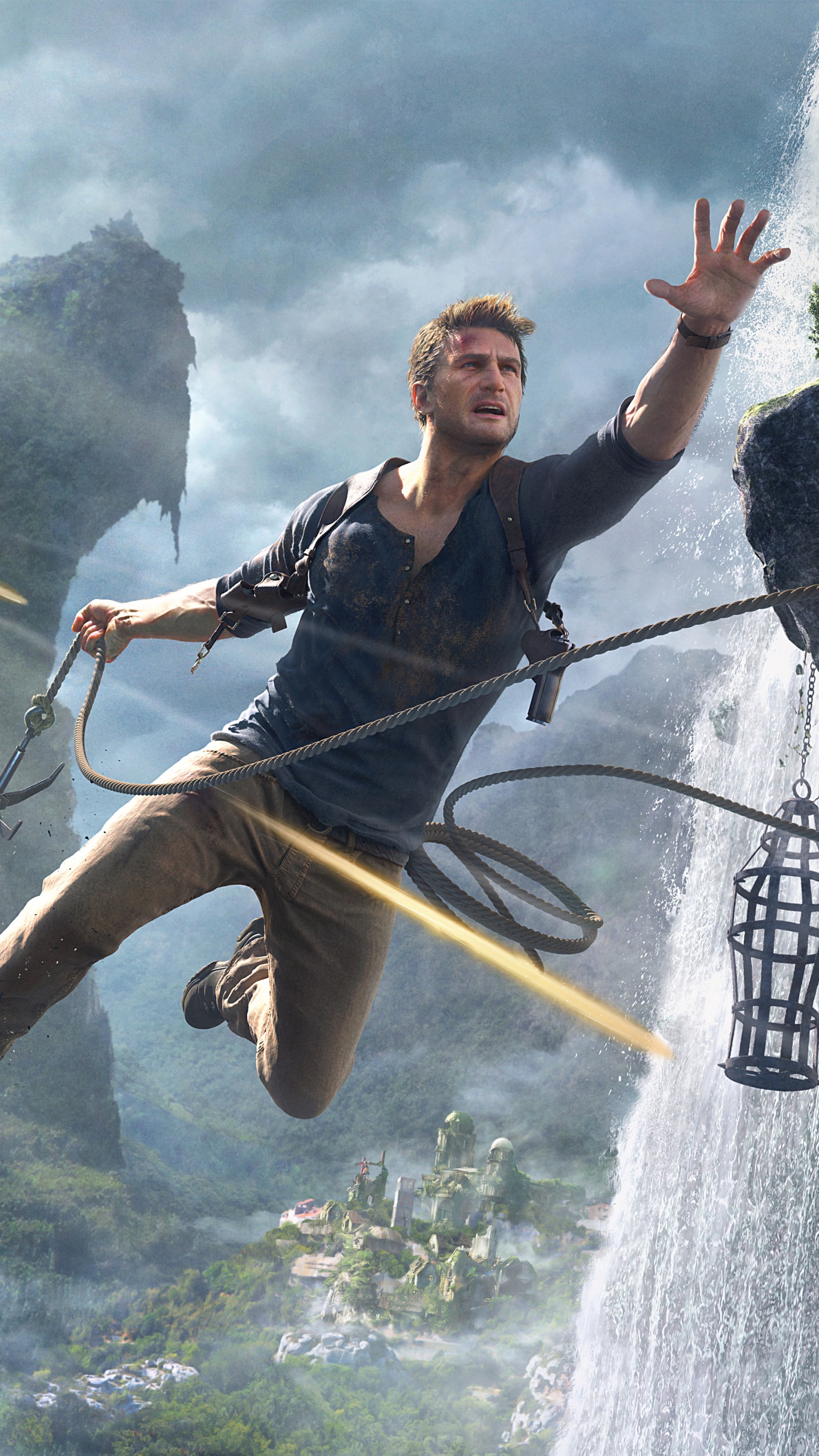 Phone wallpaper of Nathan Drake from the video game Uncharted 4: A Thief's End — mid-swing with a grappling hook over a waterfall and jungle cliffs.