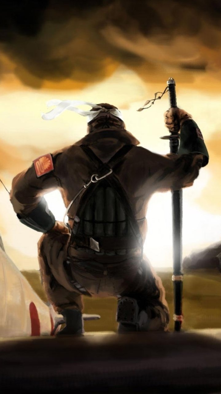 Fantasy samurai phone wallpaper: lone armored warrior kneeling at dusk, hand on a tall katana, silhouetted against a dramatic golden, storm-tinged sky.