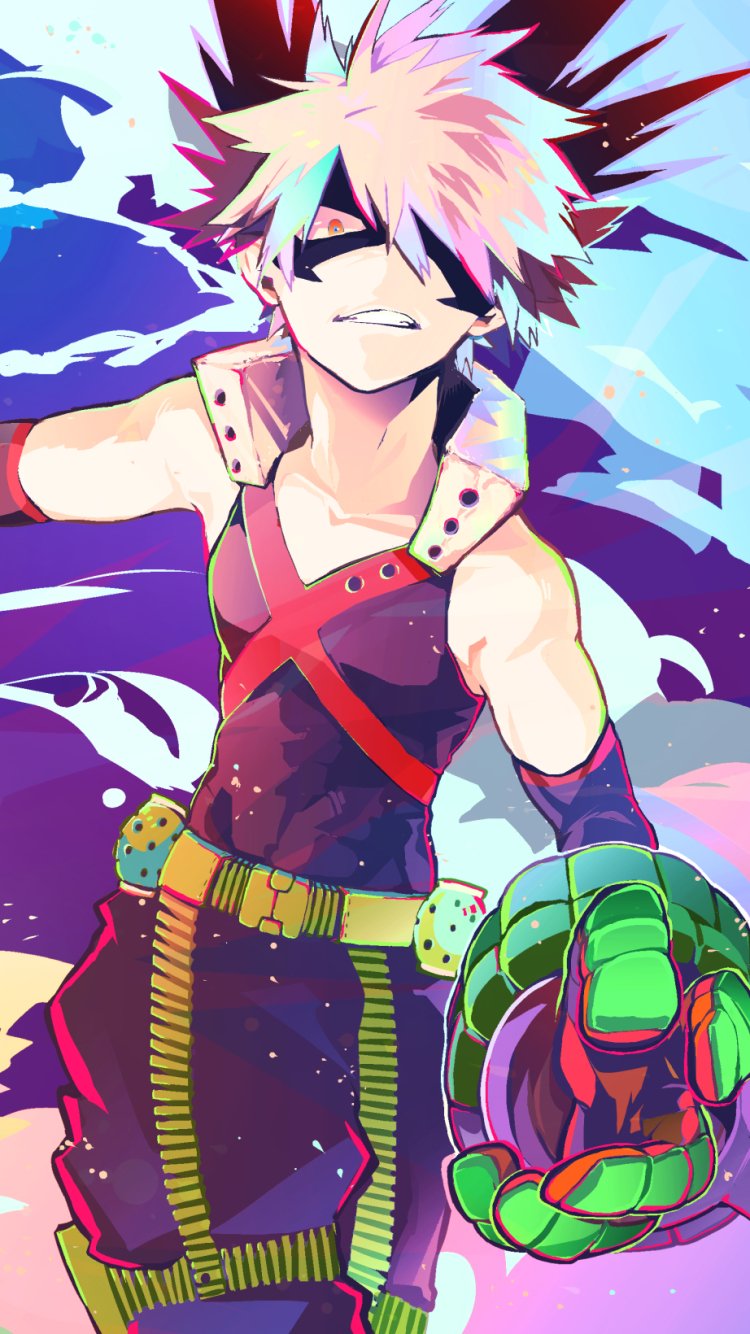 Phone wallpaper of Katsuki Bakugou from My Hero Academia — anime-style dynamic pose, spiky blond hair, grim grin and extended grenade gauntlet against a vibrant purple-blue background.