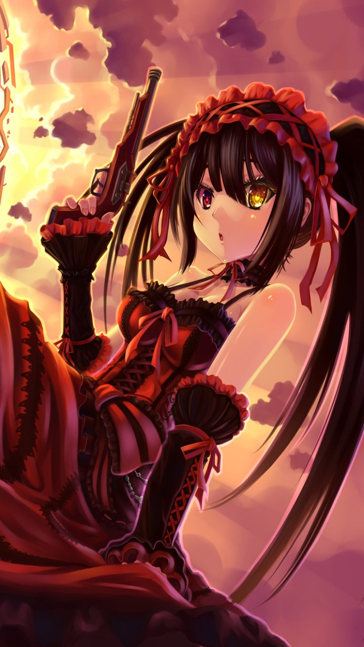 Phone wallpaper featuring Kurumi Tokisaki from the anime Date A Live, showcasing her iconic gothic outfit and golden eye against a dramatic sunset sky background.