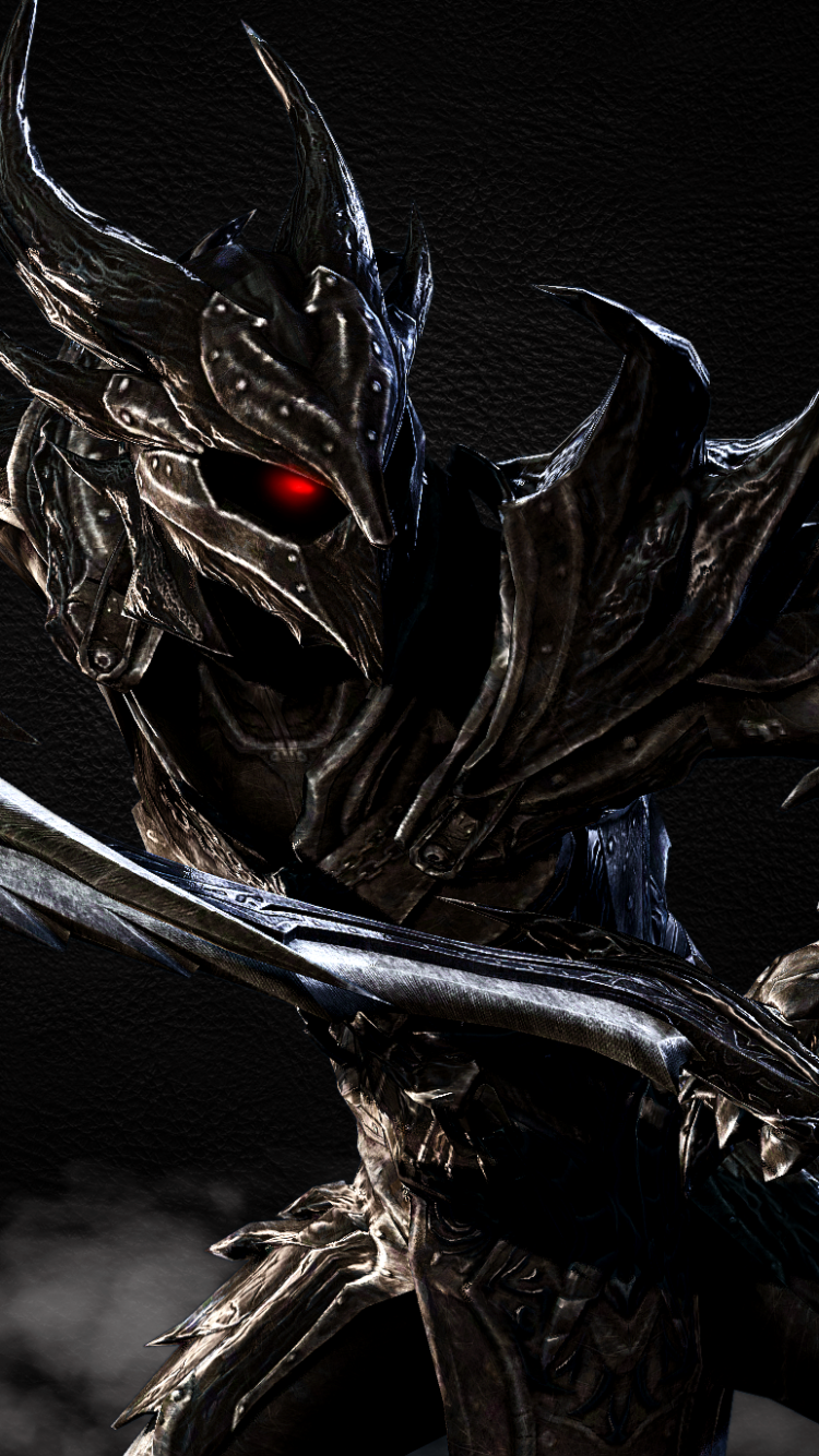 The Elder Scrolls V: Skyrim phone wallpaper — dark gaming video game image of an armored warrior with glowing red eyes wielding a sword.