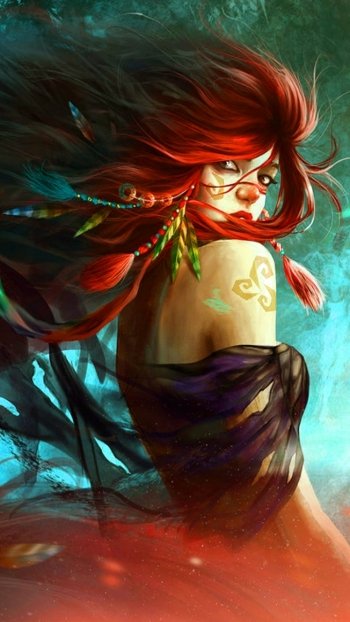 hair feather red hair fantasy woman Phone Wallpaper