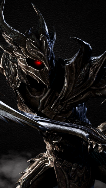 The Elder Scrolls V: Skyrim phone wallpaper — dark gaming video game image of an armored warrior with glowing red eyes wielding a sword.