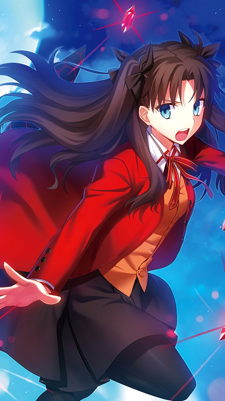 Rin Tohsaka (Fate/Stay Night) in a dynamic anime phone wallpaper: red coat and skirt, determined expression, surrounded by Archer's crimson magical arrows and a glowing blue backdrop.
