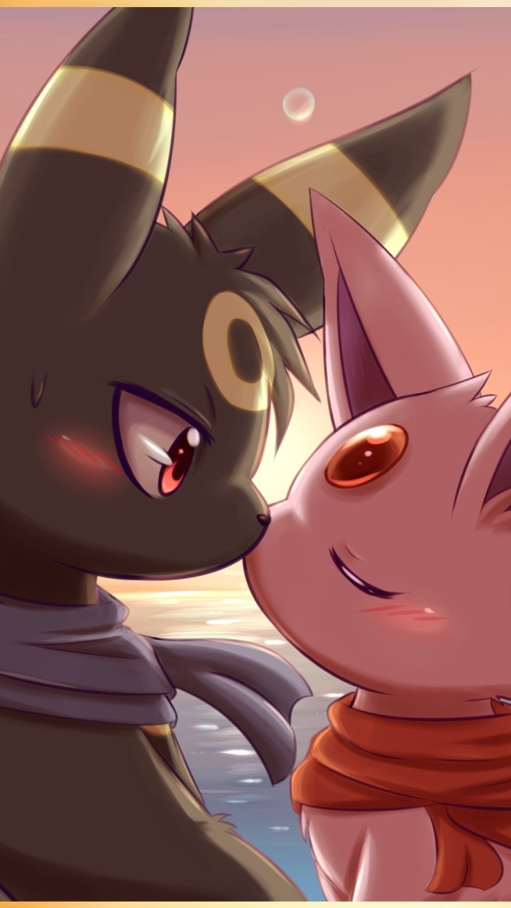 A warm, close-up anime-style phone wallpaper featuring Umbreon and Espeon from Eeveelutions with soft lighting and a serene background.