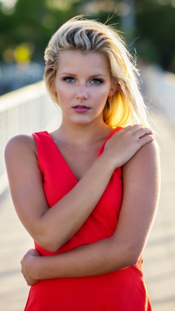 blue eyes red dress blonde woman model Phone Wallpaper