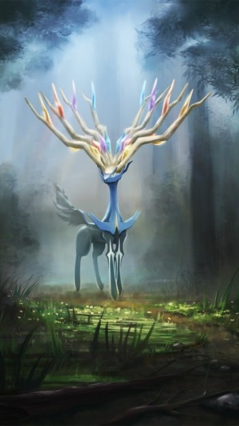 Phone wallpaper featuring Xerneas from Pokémon, set in a mystical forest with glowing antlers and soft beams of light, compatible with both iPhones and Android devices.