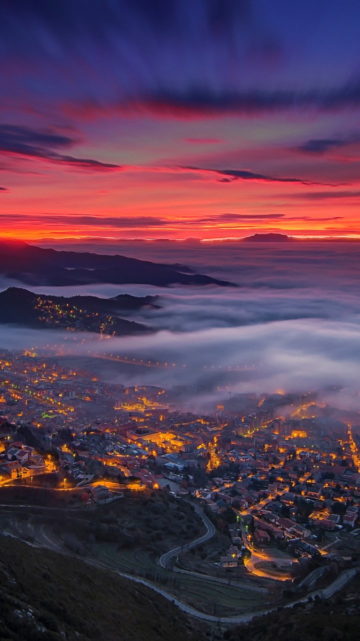 Download Sky Horizon Cloud Fog Night Valley Catalonia Berga Spain Photography Landscape Phone Wallpaper