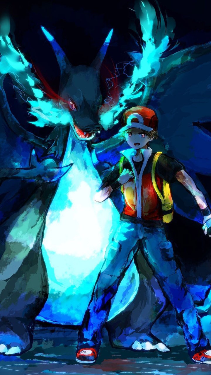 Download Red (Pokémon) Mega Charizard X (Pokémon) Anime Pokemon Phone Wallpaper