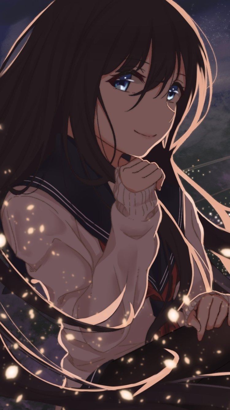 Download Smile Glitter Blue Eyes School Uniform Night Long Hair Anime Girl Anime Girl Anime Night Phone Wallpaper