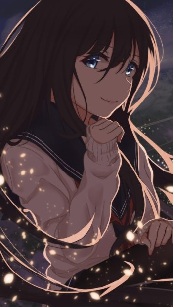 smile glitter blue eyes school uniform night long hair Anime girl anime girl anime night Phone Wallpaper