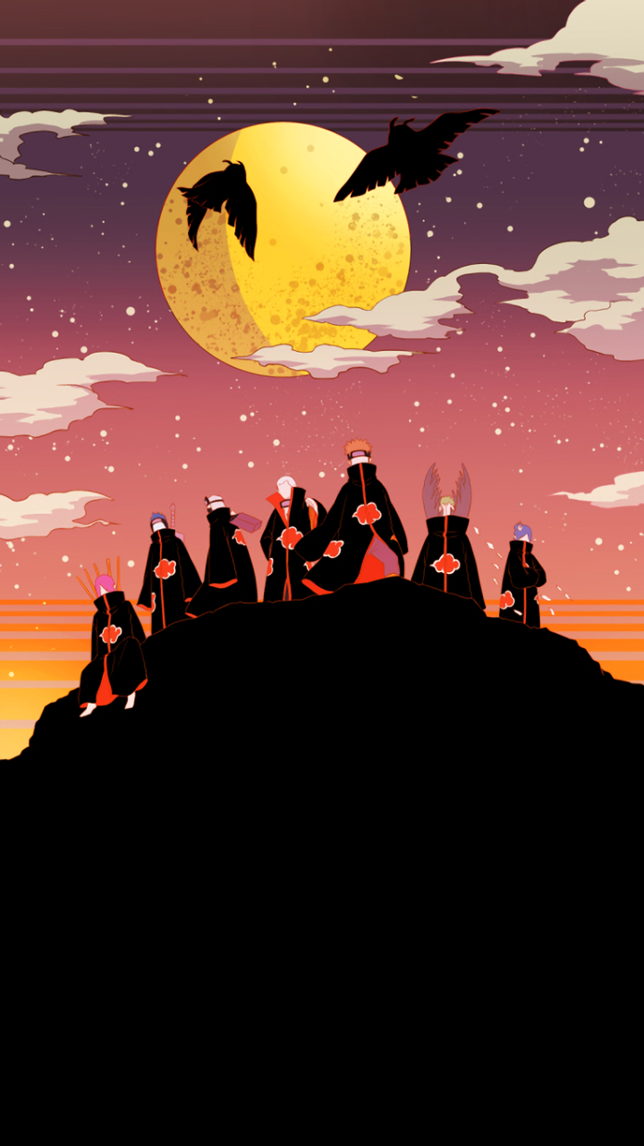 Phone wallpaper featuring Akatsuki members from Naruto—Obito, Madara, Itachi, Sasori, Pain, Konan, Kakuzu, Kisame, Deidara, and Zetsu—silhouetted against a large full moon.