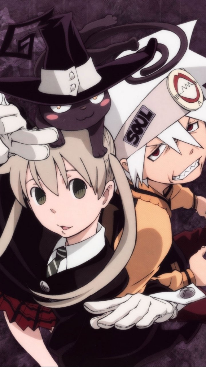 Phone wallpaper from the anime Soul Eater showing Maka Albarn, Soul Evans and the cat Blair posing together against a dark purple textured background.