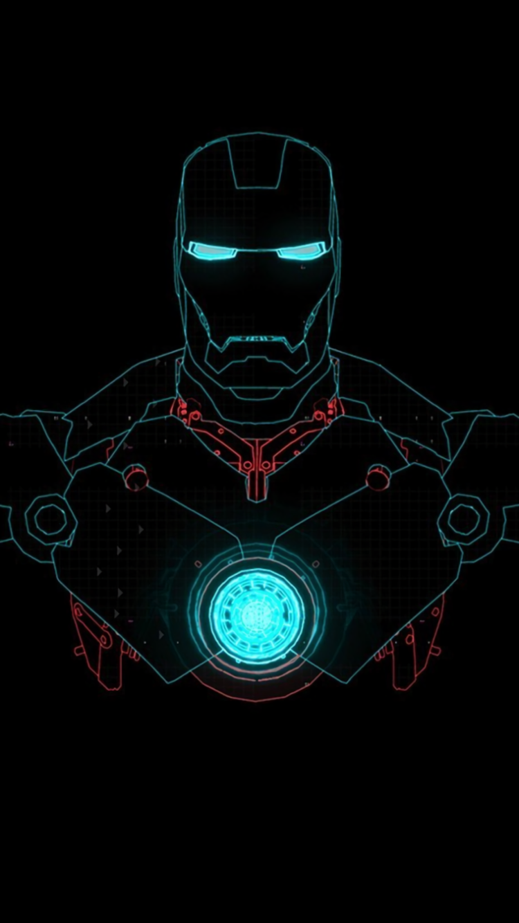 Comic-style Iron Man bust in neon lines on a black background, glowing cyan eyes and arc reactor with red circuitry — phone wallpaper.
