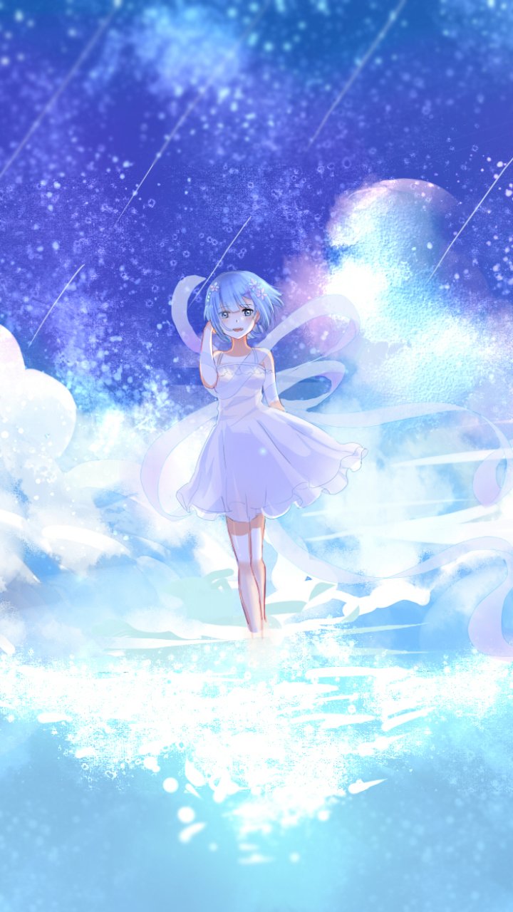Phone wallpaper of Rem from Re:Zero - Starting Life in Another World, anime illustration of her floating above glowing clouds under a starry, shimmering blue sky.