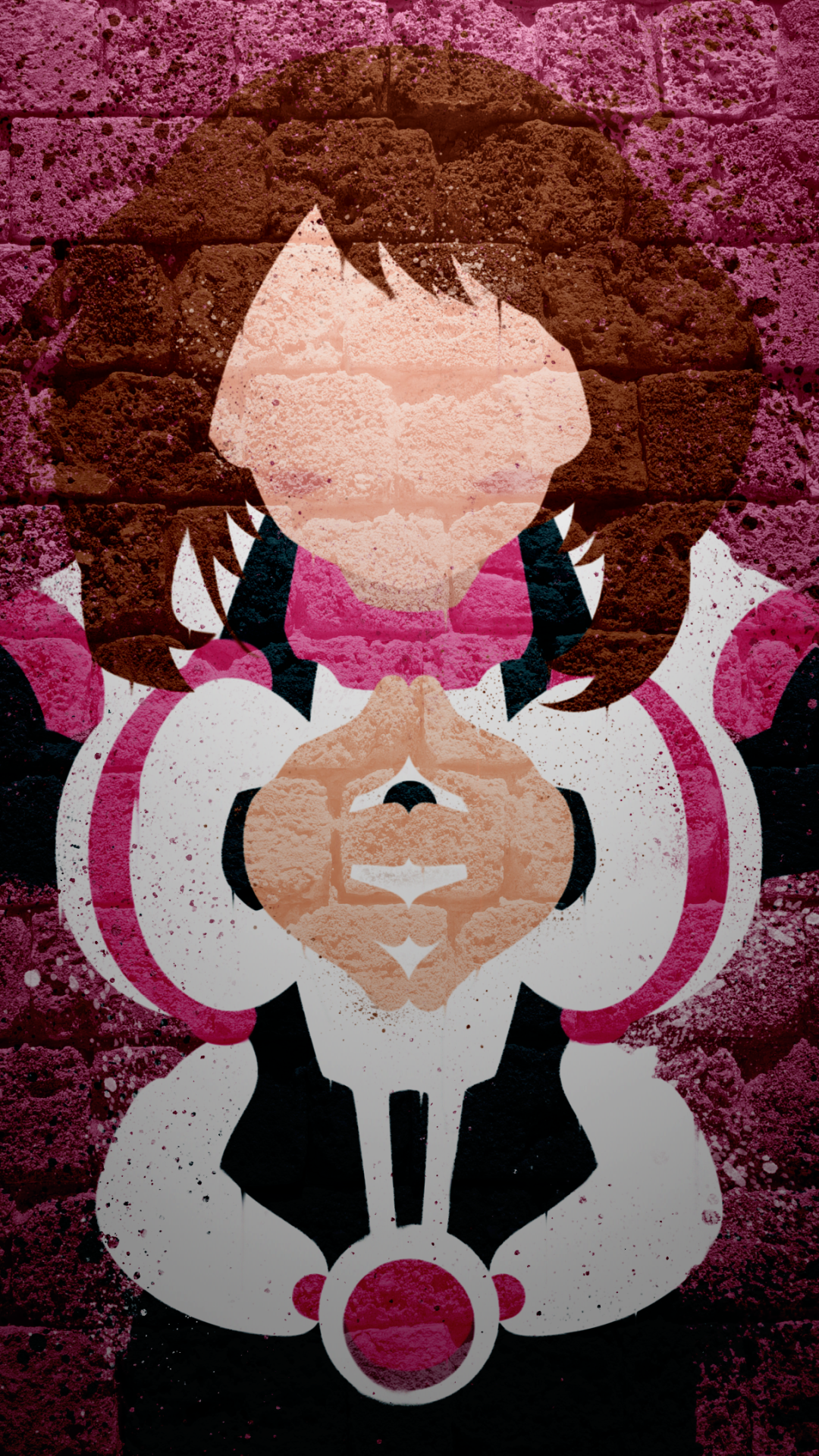 Minimalist anime-style illustration of Ochaco Uraraka from My Hero Academia on a textured brick background, designed as a phone wallpaper for iPhone and Android.