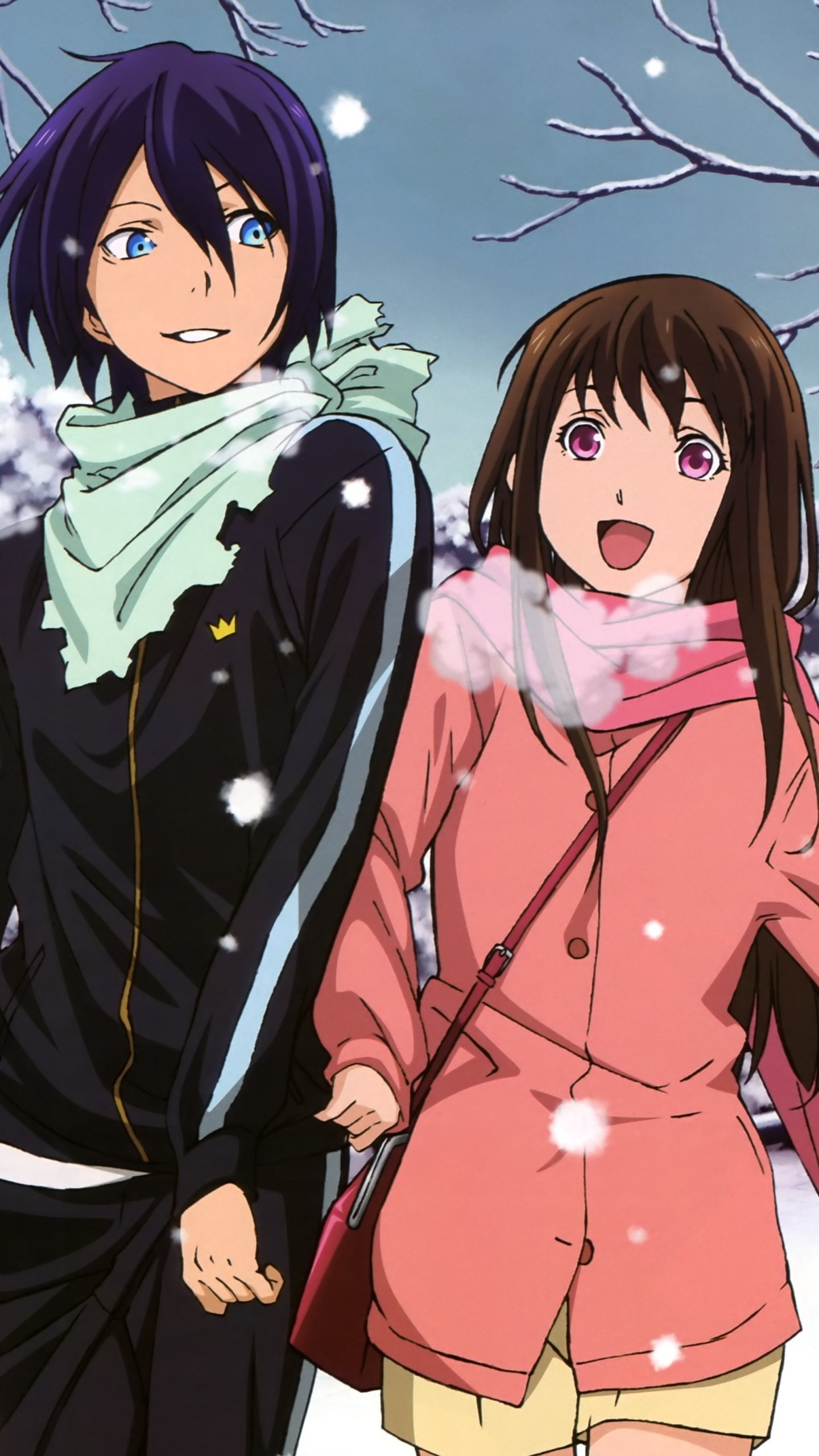 Noragami phone wallpaper: Yato and Hiyori Iki smiling and holding hands in falling snow beneath bare winter branches; Yukine also tagged.