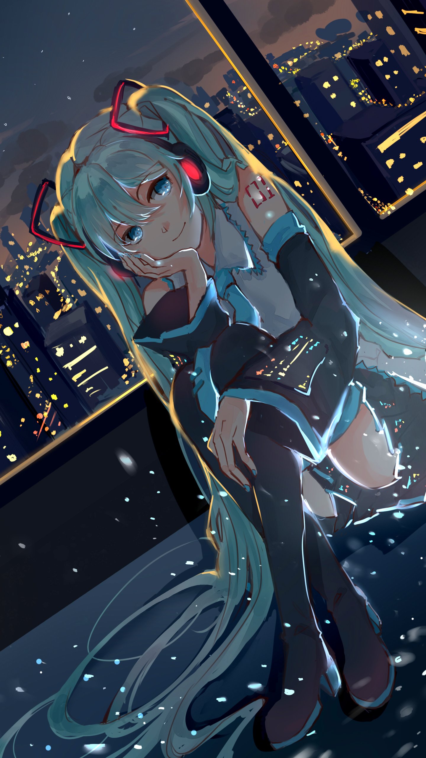 Phone wallpaper of anime Vocaloid Hatsune Miku with blue hair in twintails and blue eyes, set against a cityscape at night. Compatible with iPhones and Android phones.