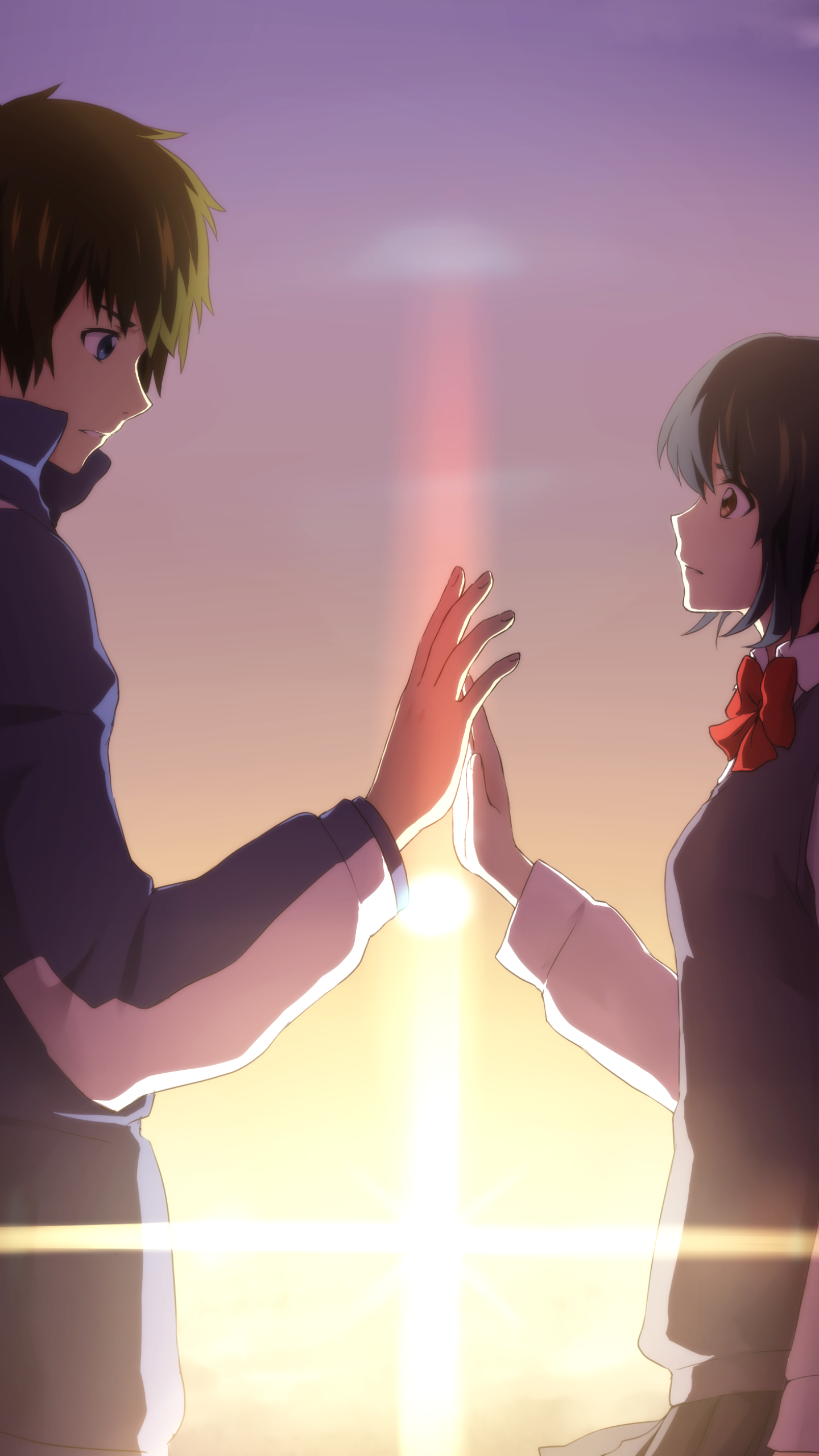Phone wallpaper from Your Name. featuring Taki Tachibana and Mitsuha Miyamizu reaching hands toward each other over a glowing sunset beam.
